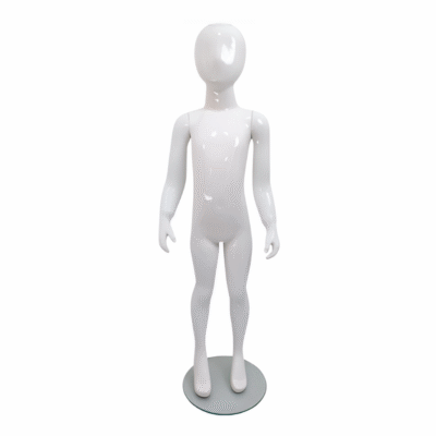 Faceless gloss white childrens mannequin, 116cm tall, with a sturdy glass base for retail and clothing displays.