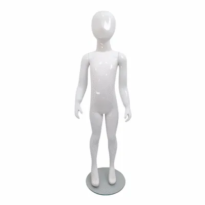 Faceless gloss white childrens mannequin, 116cm tall, with a sturdy glass base for retail and clothing displays.