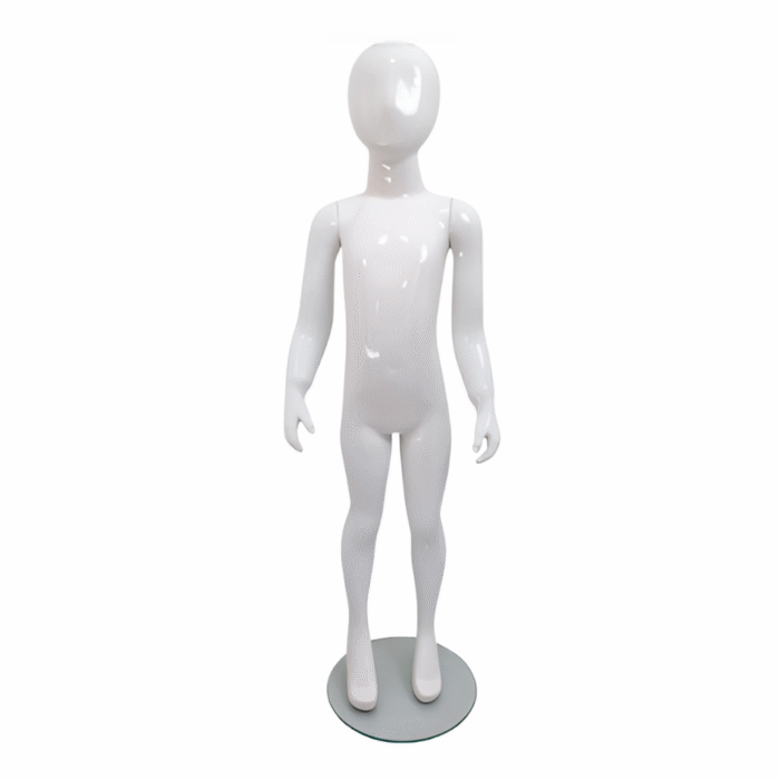 Faceless gloss white childrens mannequin, 116cm tall, with a sturdy glass base for retail and clothing displays.