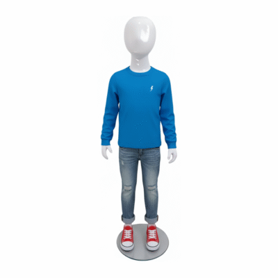 Faceless gloss white childrens mannequin, 116cm tall, with a sturdy glass base for retail and clothing displays.