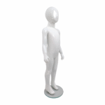 Faceless gloss white childrens mannequin, 116cm tall, with a sturdy glass base for retail and clothing displays.