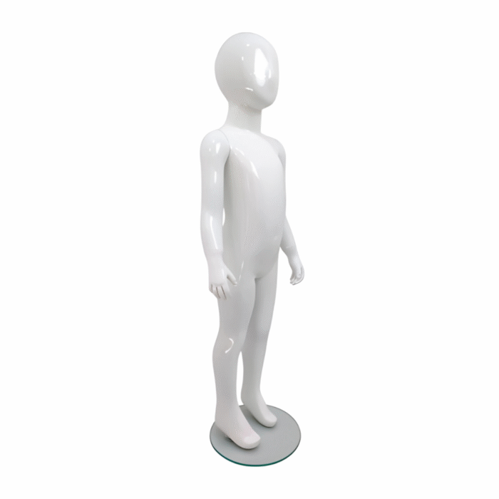 Faceless gloss white childrens mannequin, 116cm tall, with a sturdy glass base for retail and clothing displays.