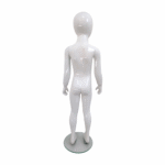 Faceless gloss white childrens mannequin, 116cm tall, with a sturdy glass base for retail and clothing displays.