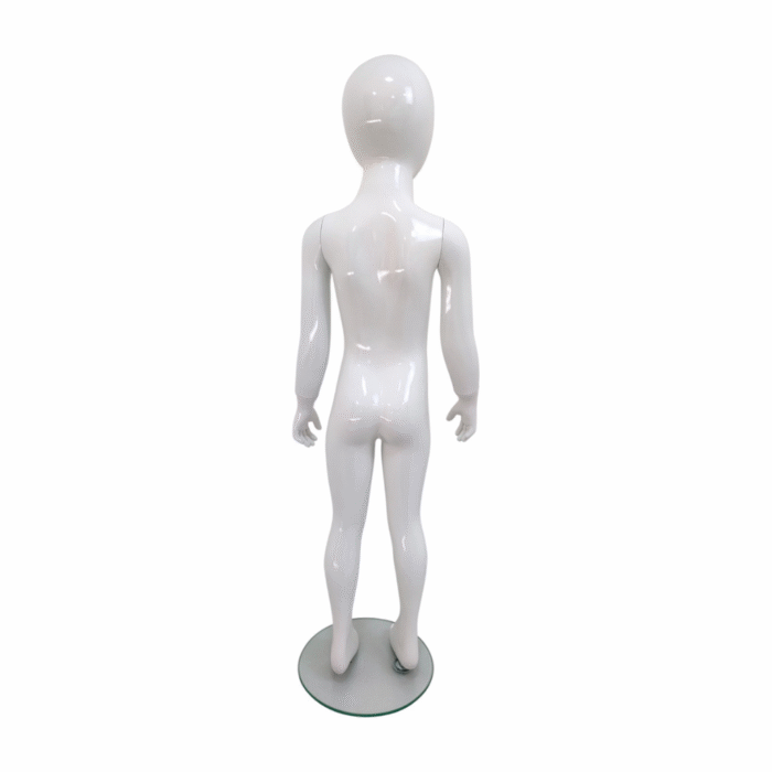 Faceless gloss white childrens mannequin, 116cm tall, with a sturdy glass base for retail and clothing displays.