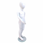 Faceless gloss white childrens mannequin, 120cm tall, with a sturdy glass base for kids’ clothing displays.