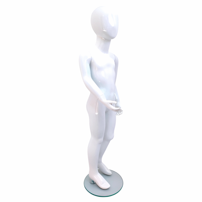 Faceless gloss white childrens mannequin, 120cm tall, with a sturdy glass base for kids’ clothing displays.
