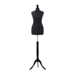 Black female tailors dummy size 10/12 on a black wooden stand, ideal for dressmaking and garment display.