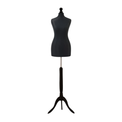 Black female tailors dummy size 10/12 on a black wooden stand, ideal for dressmaking and garment display.