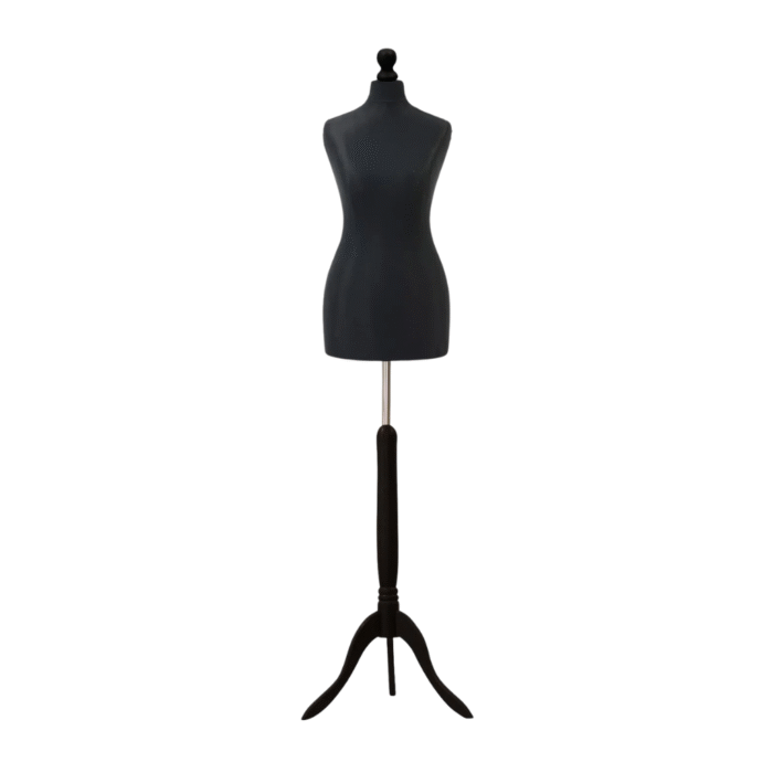 Black female tailors dummy size 10/12 on a black wooden stand, ideal for dressmaking and garment display.
