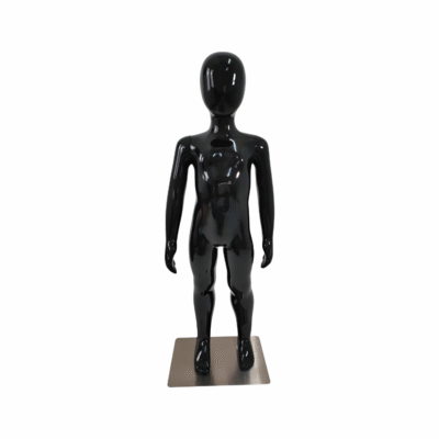 Faceless gloss black childrens mannequin, 87cm tall, with a durable metal base for kids’ clothing displays.