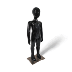 Faceless gloss black childrens mannequin, 87cm tall, with a durable metal base for kids’ clothing displays.