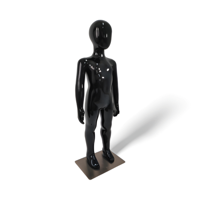 Faceless gloss black childrens mannequin, 87cm tall, with a durable metal base for kids’ clothing displays.