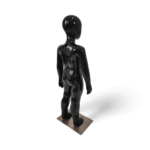 Faceless gloss black childrens mannequin, 87cm tall, with a durable metal base for kids’ clothing displays.