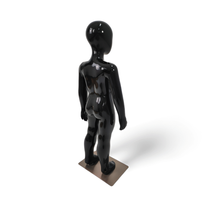 Faceless gloss black childrens mannequin, 87cm tall, with a durable metal base for kids’ clothing displays.