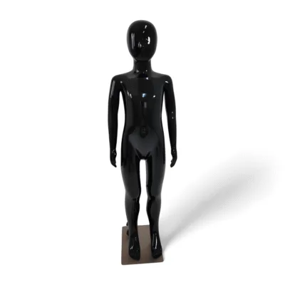 Faceless gloss black childrens mannequin, 110cm tall, with a strong metal base for retail kids’ fashion displays.