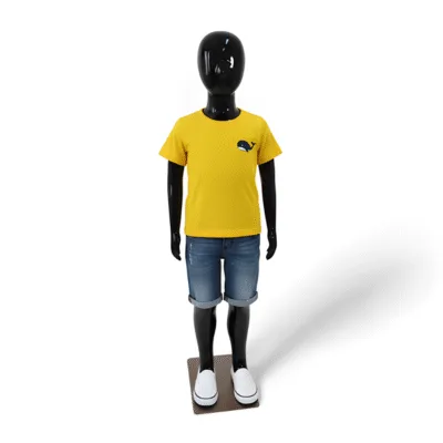 Faceless gloss black childrens mannequin, 110cm tall, with a strong metal base for retail kids’ fashion displays.