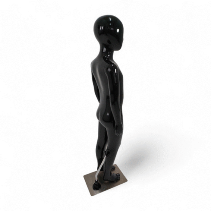 Faceless gloss black childrens mannequin, 110cm tall, with a strong metal base for retail kids’ fashion displays.