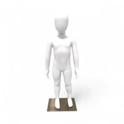 Faceless gloss white childrens mannequin, 87cm tall, with a sturdy metal base for kids’ fashion retail displays.