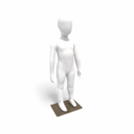 Faceless gloss white childrens mannequin, 87cm tall, with a sturdy metal base for kids’ fashion retail displays.