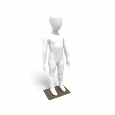 Faceless gloss white childrens mannequin, 87cm tall, with a sturdy metal base for kids’ fashion retail displays.