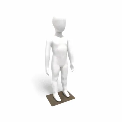 Faceless gloss white childrens mannequin, 87cm tall, with a sturdy metal base for kids’ fashion retail displays.