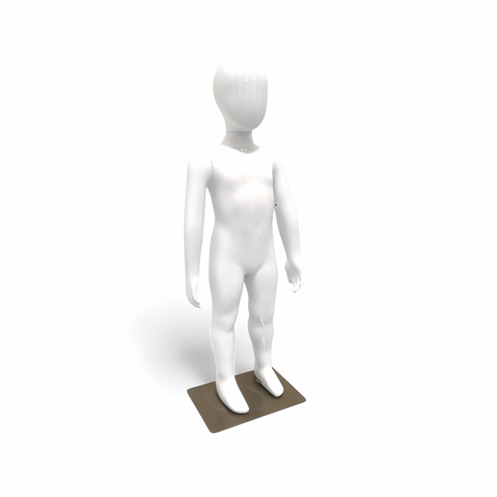 Faceless gloss white childrens mannequin, 87cm tall, with a sturdy metal base for kids’ fashion retail displays.