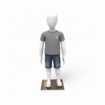 Faceless gloss white childrens mannequin, 87cm tall, with a sturdy metal base for kids’ fashion retail displays.