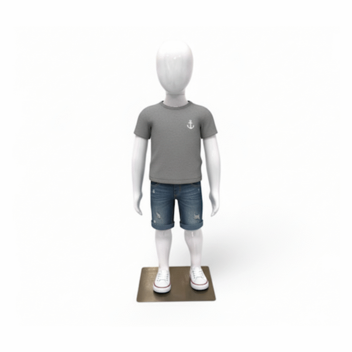 Faceless gloss white childrens mannequin, 87cm tall, with a sturdy metal base for kids’ fashion retail displays.