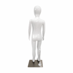 Faceless gloss white childrens mannequin, 110cm tall, with a durable metal base for kids’ fashion displays.