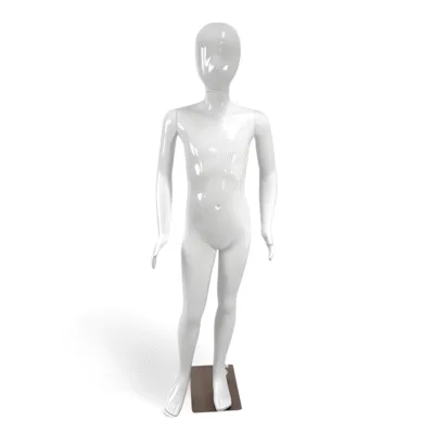 Faceless gloss white childrens mannequin, 140cm tall, with durable metal base for retail clothing displays.