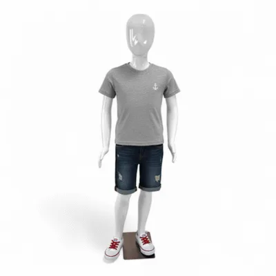 Faceless gloss white childrens mannequin, 140cm tall, with durable metal base for retail clothing displays.