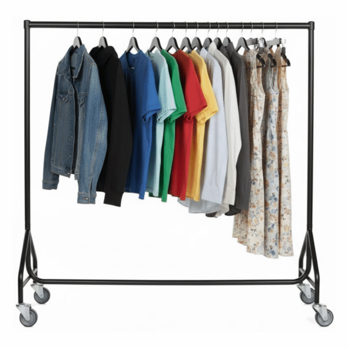 A sturdy 6FT reinforced black heavy-duty clothes rail with 32mm steel tubing and heavy-duty wheels. The rail displays multiple garments on hangers, showing its strong load capacity and sleek modern finish.