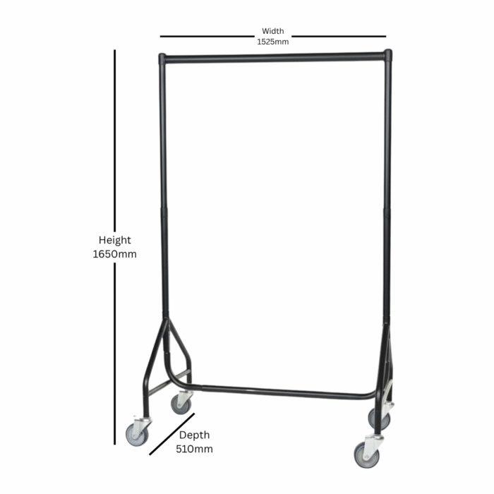 2FT Black Reinforced heavy-duty clothes rail with heavy-duty wheels, holding assorted garments.