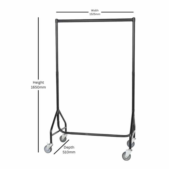 3FT Black Reinforced heavy-duty clothes rail with heavy-duty wheels, holding assorted garments.