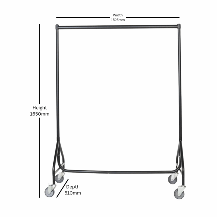 4FT Black Reinforced heavy-duty clothes rail with heavy-duty wheels, holding assorted garments.