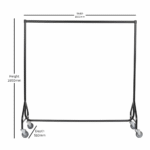 A sturdy 6FT reinforced black heavy-duty clothes rail with 32mm steel tubing and heavy-duty wheels. The rail displays multiple garments on hangers, showing its strong load capacity and sleek modern finish.