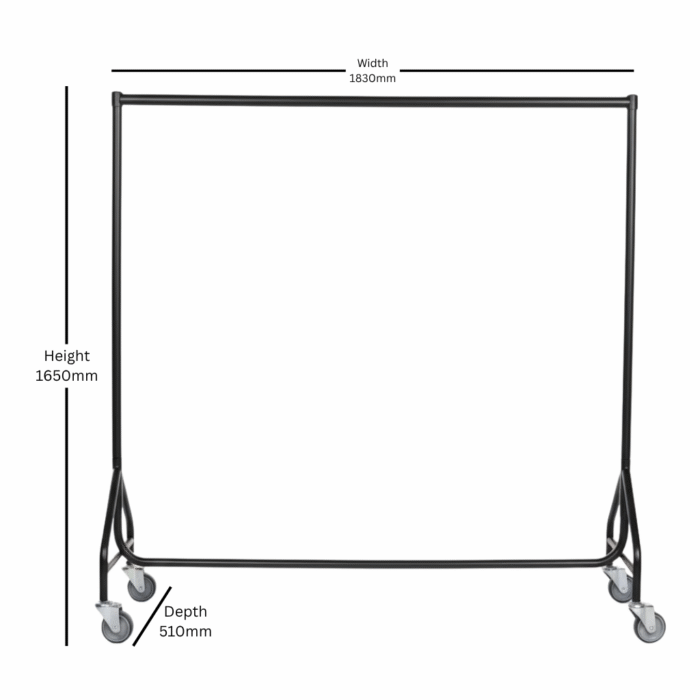 A sturdy 6FT reinforced black heavy-duty clothes rail with 32mm steel tubing and heavy-duty wheels. The rail displays multiple garments on hangers, showing its strong load capacity and sleek modern finish.