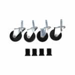 Set of four standard wheels for garment clothes rail with four black rail bungs for garment clothes rail.