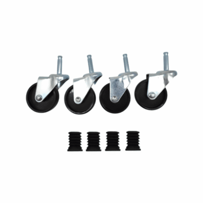 Set of four standard wheels for garment clothes rail with four black rail bungs for garment clothes rail.