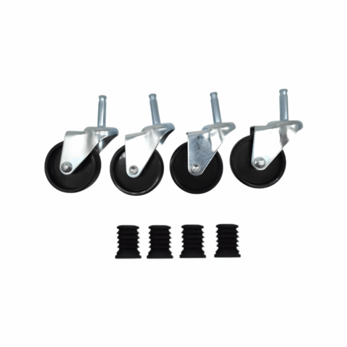 Set of four standard wheels for garment clothes rail with four black rail bungs for garment clothes rail.