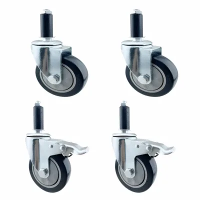 Set of four heavy duty wheels for reinforced clothes rails, shown with two braked and two unbraked castors.