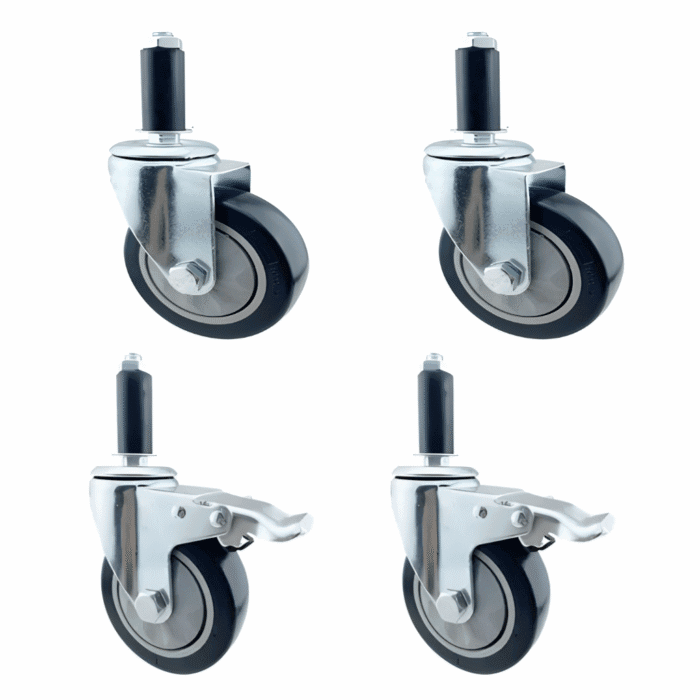 Set of four heavy duty wheels for reinforced clothes rails, shown with two braked and two unbraked castors.