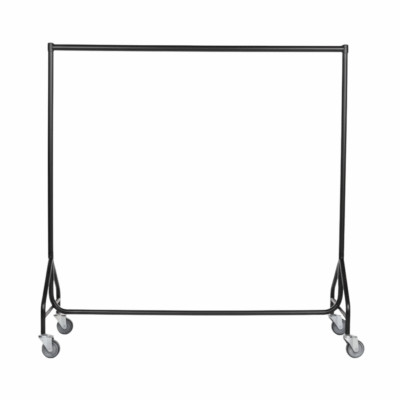 Black Reinforced heavy-duty clothes rail with heavy-duty wheels, holding assorted garments.