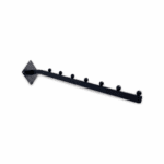 Black 7 Ball Sloping Arm Wall Mounted – matte black retail display arm with seven ball stoppers for hanging garments and accessories.
