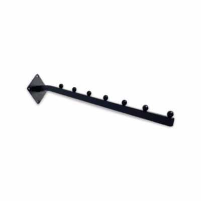 Black 7 Ball Sloping Arm Wall Mounted – matte black retail display arm with seven ball stoppers for hanging garments and accessories.