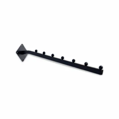 Black 7 Ball Sloping Arm Wall Mounted – matte black retail display arm with seven ball stoppers for hanging garments and accessories.