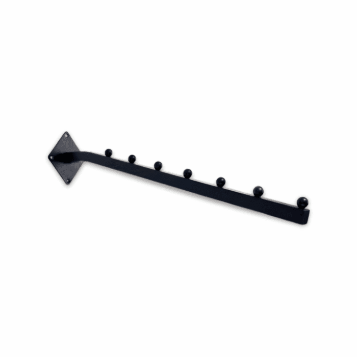 Black 7 Ball Sloping Arm Wall Mounted – matte black retail display arm with seven ball stoppers for hanging garments and accessories.