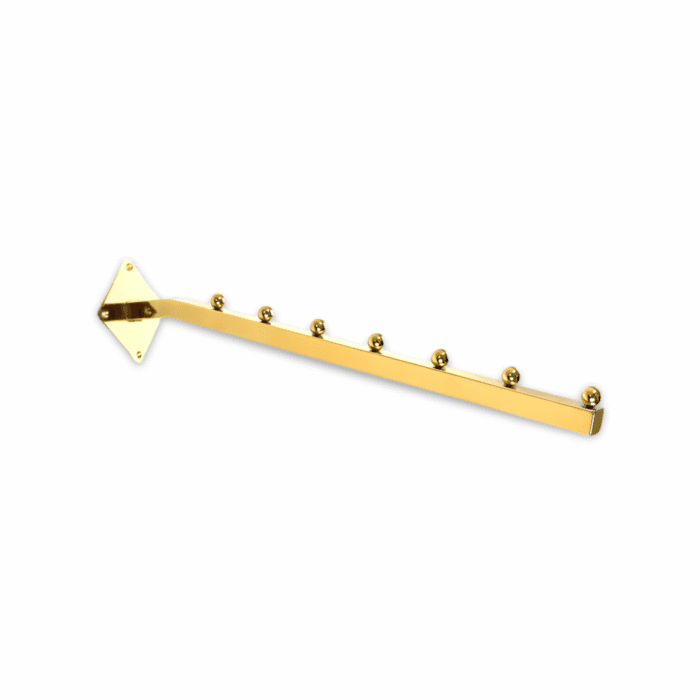 Gold 7 Ball Sloping Arm Wall Mounted – premium gold retail display arm with seven round stopper balls for hanging garments and accessories.