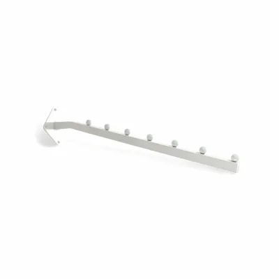 White 7 Ball Sloping Arm Wall Mounted – modern white retail display arm with seven ball stoppers for hanging garments and accessories.