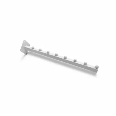White 8 Ball Straight Arm Wall Mounted – modern white steel retail display arm with eight stopper balls for hanging garments and accessories.